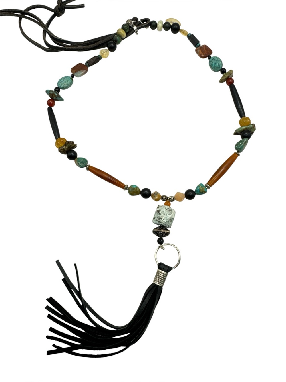 Artisan Southwest Turquoise Buffalo Horn Leather Lariat Tassel Necklace 29-37” - Picture 5 of 7